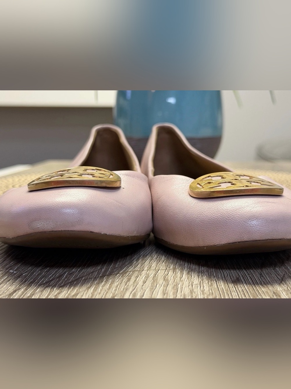 Tory Burch Benton 2 Sea Shell Pink Leather Ballet Flats Gold Logo Logo Sz 7.5 - Picture 4 of 9